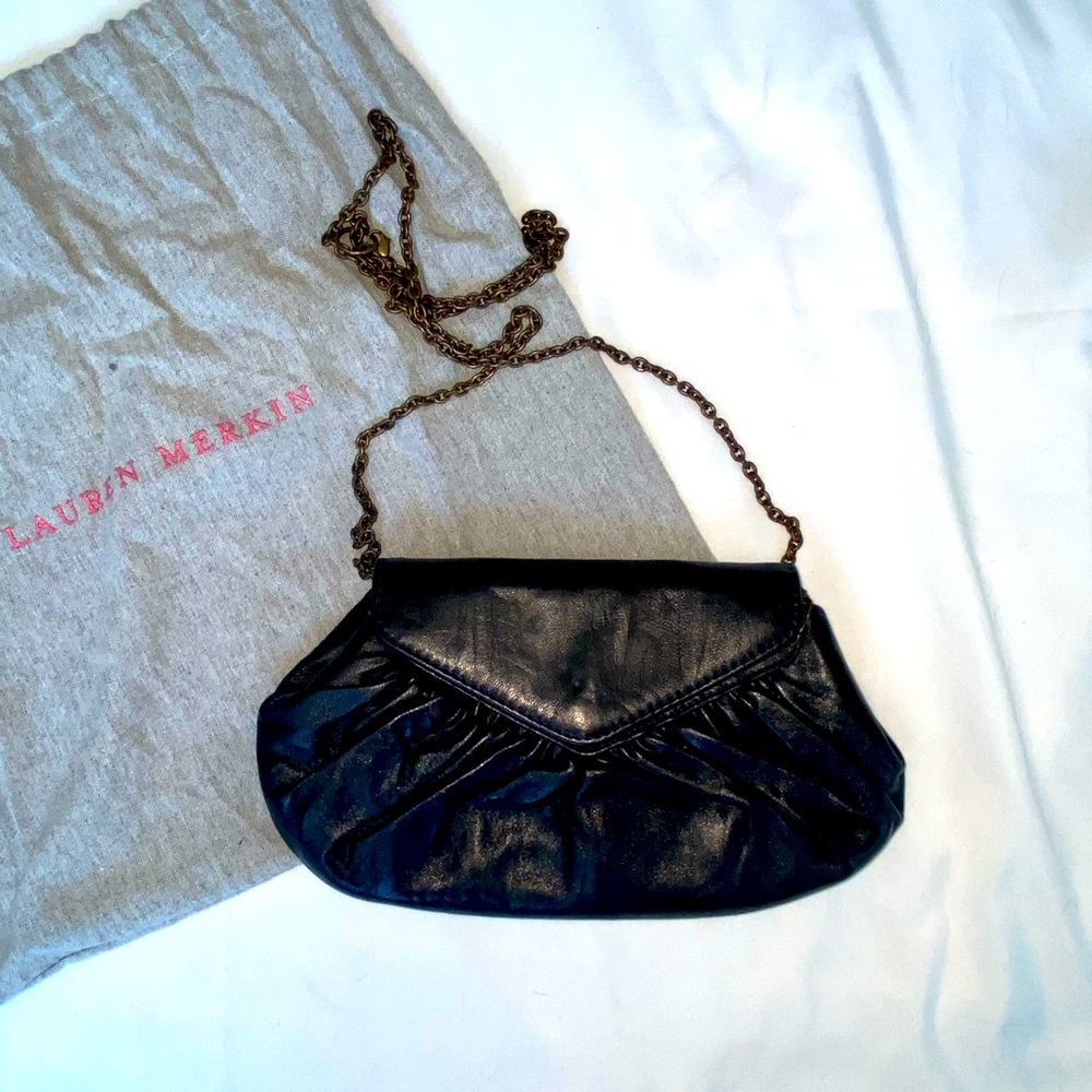 Lauren Merkin Black Cinched Leather Clutch With Strap